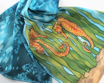 Hand Painted Silk Scarf - Handpainted Scarves Seahorse Sea Horses Aqua Turquoise Teal Blue Orange Yellow Green Ocean Sea Water Beach