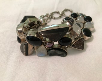 Handcrafted Bracelet of Onyx, Moonstone, Druzy, and Sterling Silver