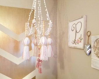 Pom Pom Boho Baby Mobile, Tassel nursery decor, Pink girl mobile, natural wood, bohemian nursery art ,baby chandelier, tassels, safari chic