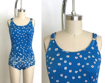 Vintage 1970s Swimsuit // 70s Blue Floral One Piece Bathingsuit // German Bombshell Maillot // Boy Short Bottoms Full Coverage Top