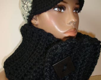 Black Cowl Scarf Crocheted - Black Neckwarmer - Scarf- Cowl- matching hat- Black MultiScarf - Black Crochet Hat