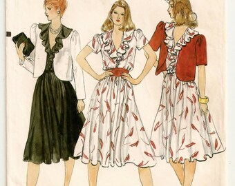 A Pullover, Short Sleeve, Ruffled Neckline, Full Skirt Dress with Cardigan-Style Jacket Pattern for Women: Size 10 Bust 32-1/2" • Vogue 8234