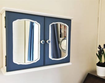 Vintage farmhouse style wall cabinet, upcycled bathroom cabinet, hand painted cupboard in grey and white, medicine cabinet with mirror,