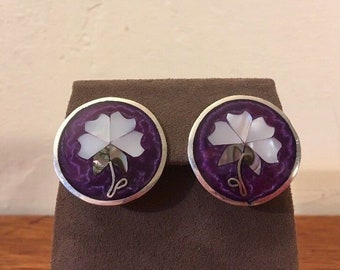 Vintage Sterling Silver Abalone w/ Purple Enamel Earrings Clip-on