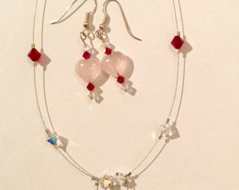 Sterling Silver Rose Quartz and Swarovski Crystal Necklace and Earrings
