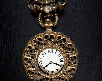 Vintage 1960s Antique Gold Finish Faux Pocket Watch Brooch Pin
