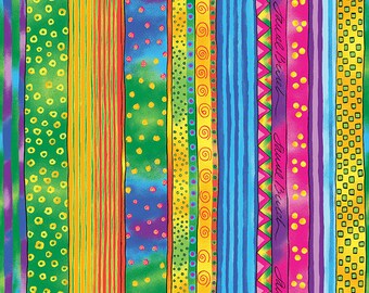 Laurel Burch Fabric Dog & Doggies Border Stripes Yellow Orange Blue 1 Yard Y1797-67