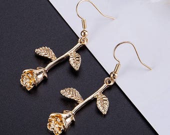 Gold Long Stemmed Rose Earrings