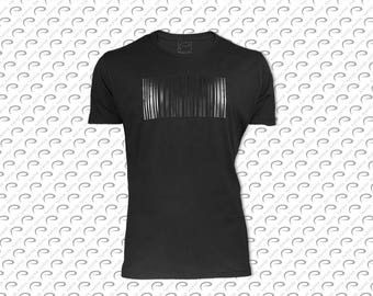 Bar Code.T-Shirt.FairWearCotton.Minimal.Designs.Abstract.Geometric.Art.Lines.Black.Code.Modern.Dark.Techno.Berlin.Digital.Internet.Scan.Mail