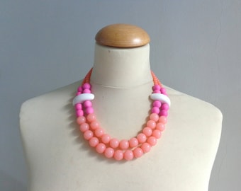 Pink white chunky necklace, modern tribal statement necklace, multi strand, summer necklace