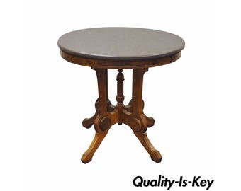 Antique Victorian Marble Top Carved Walnut Oval Eastlake Side Accent Table Vintage
