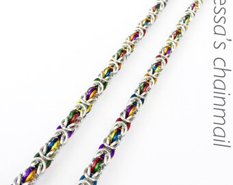 Chainmaille necklace, silver necklace, rainbow necklace, colour necklace, byzantine necklace.