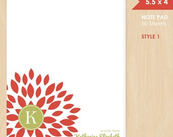 Personalized Note Pad // Red Blooming Blossom with Monogram Initial and Name // S100-7