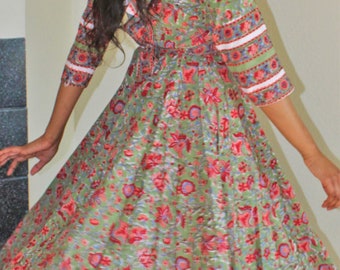 Bohemian Blockprint Midi Anarkali Gypsy Dress