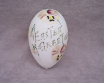 Antique Victorian Large Blown Milk Glass Easter Egg Hand Painted Pansies