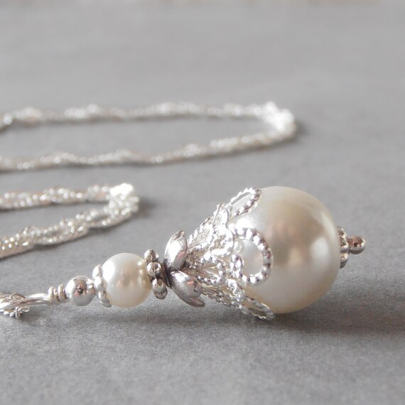 White Pearl Necklace Beaded Pendant White Bridal Jewelry Pearl