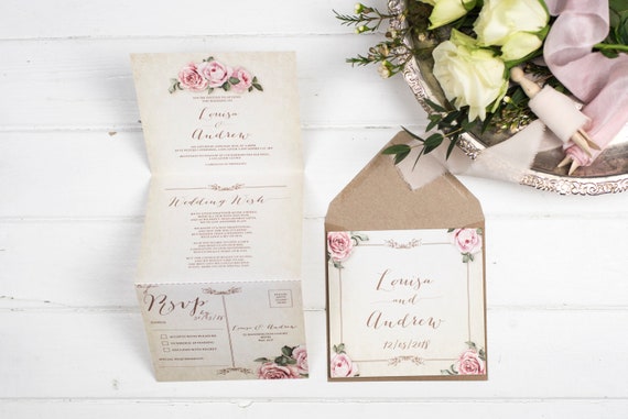 Vintage Wedding Invitation - Double-Folded Ivory Floral Framed (portrait)