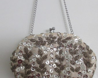 Vintage Purse, Silver Sequin Evening Bag, Silver Beaded Bag, 1950s, Bridal Purse, Prom Purse