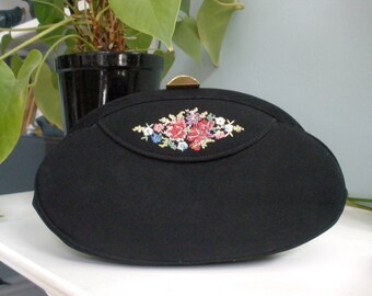 Beautiful Black Fabric Clutch With Floral Accent By Virginia Art