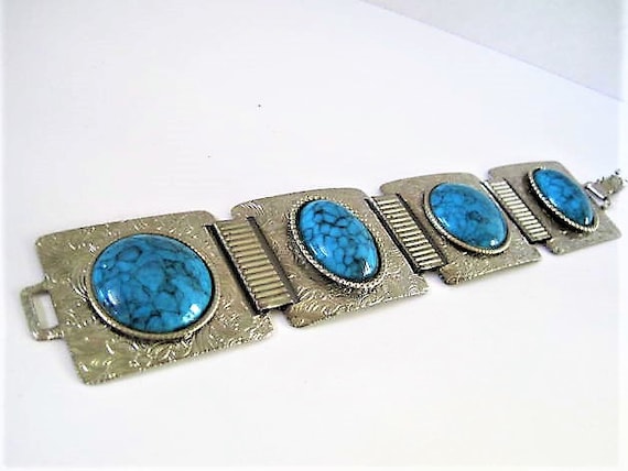 Chunky Turquoise Bracelet, Lucite Cabochons, 4 Panels, Wide Lucite Thermoset