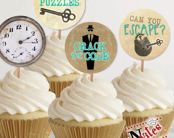 Escape Room Cupcake Toppers, Escape Room Tags, Escape Room Party, Escape Room Party Decor, Spy Party Cupcake, Teal Escape Room | PRINTABLE