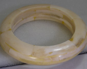 Vintage Heavy, Thick and Chucky Inlaid Bone Bangle Bracelet
