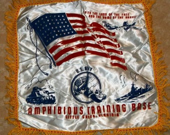 Amphibious Training Base Vintage WWII USN United States Navy Satin Souvenir Pillow Cover Little Creek Virginia