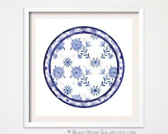 chinoiserie plate art print asian plate wall art blue and