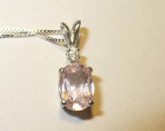 Morganite Pendant with White Zircon Accent Necklace in Sterling Silver ~ Genuine, Natural, Mined-from-Earth Gemstones ~ Pink Emerald