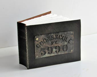 Handmade Leather Journal, Leather Bound Book, Sketchbook, Bullet Journal, Travel Journal, Antique Tin Stencil 6" x 8"
