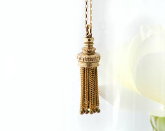 Antique Fob Tassel Pendant | Victorian Rolled Gold Tassel Necklace | Unusual Etruscan Revival Foxtail Tassel, Gothic Pendant - 20 Inch Chain