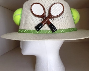 Tennis Hat - wide brim with tennis balls and racquets