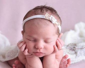 UK SELLER RTS- Soft Vintage lace Beige Tieback/Headband-Handmade Newborn to Sitter Photography Prop