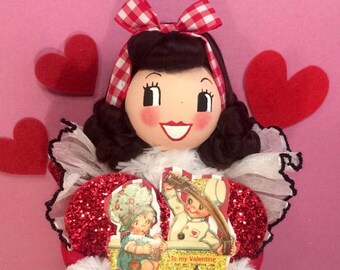 Valentine decoration happy Valentine's Day be my valentine art doll vintage retro inspired centerpiece brunette