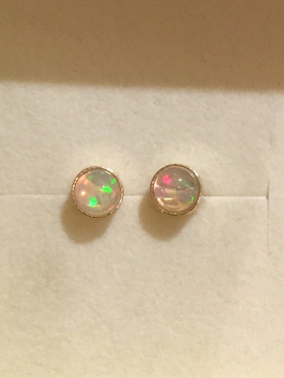 14K Mini Ethiopian Opal Stud Earrings Yellow Gold Crystal
