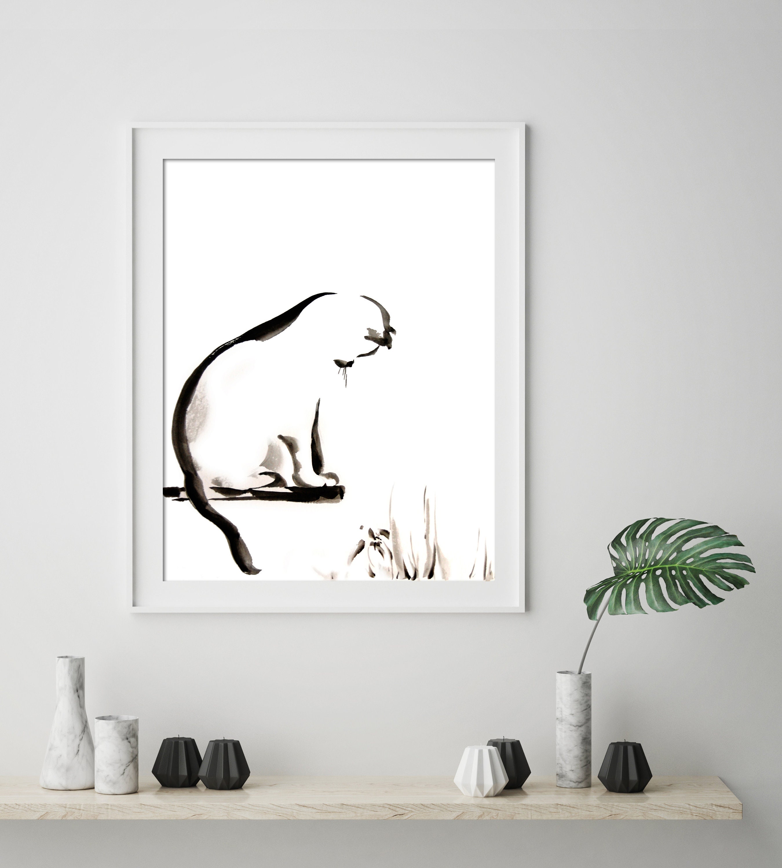  Cat Minimalist Art  Print Black and white cat  watercolor