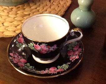 Antique Aynsley Bone China Teacup and Saucer Black With Clover Pattern