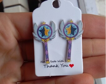 Star vs the Forces of Evil long and button earrings, kawaii, Magic wand - Star contra las fuerzas del mal pendientes largos - Star wands