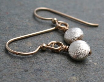 Silver and Gold Earrings Minimalist Petite Mixed Metals Bead Drop Earrings