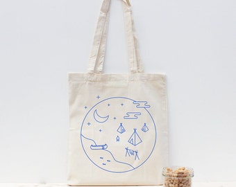 Blue handprinted tote bag / camping travel / non-toxic ink / screenprint - Tribe