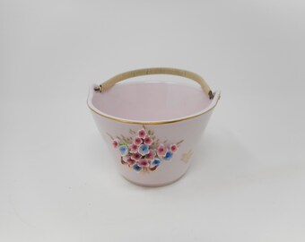 Vintage Lefton Pink China Flowered Basket Wicker Handle Easter Gift Mothers Day Gift