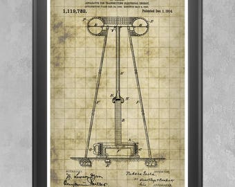 Tesla Coil Patent Print, Tesla Coil Poster, Nikola Tesla Invention, Steampunk Art, Electricity Wall Art, Inventor Gift, Wardenclyffe P377