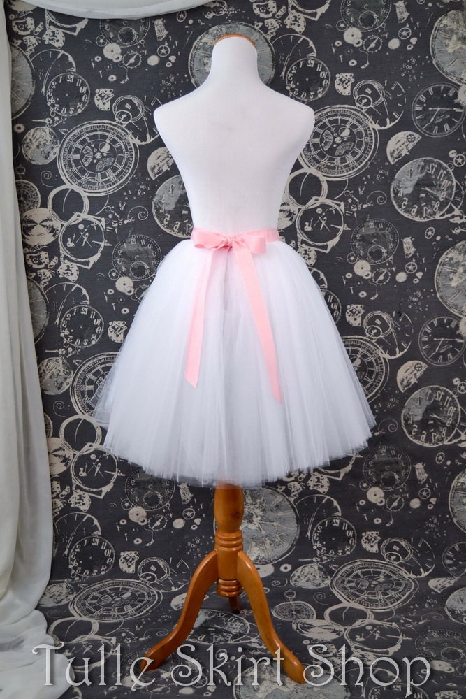 White Tulle Skirt Adult Knee Length Tutu With Pink Ribbon 7729