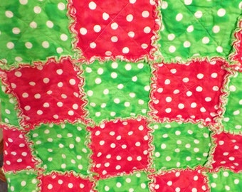 Christmas Rag Quilt - Red and Green - Fun Polka Dots - Lap Quilt - Handmade