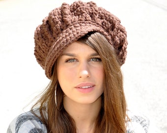 Brown Newsboy Hat - Women's Winter Accessories - Chocolate Brown Hat - Crochet Hat with Brim - Adult Hat - Women's Hat