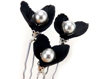 Black Leaf Pearl Hair Pins - Black Leaves for Hair