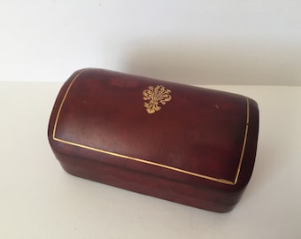 Vintage Italian Leather Jewelry Box, Ring Box, Small Gold Trimmed Trinket Box