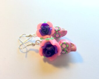 Sugar Skull Earrings Dia De Los Muertos Pink Purple Green Rose Skull Earrings