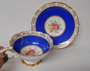 Vintage Royal Stafford Blue Teacup & Saucer 1940's Bone China England Fancy Teacup Set Ornate Gold Trim Roses Shabby Cottage Free Shipping