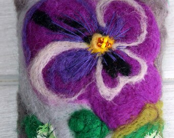 Pansy needle felted beaded hanging cushion